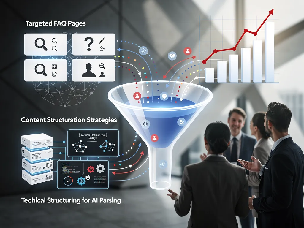 Flowchart of content structuring, FAQs, and schema driving conversions