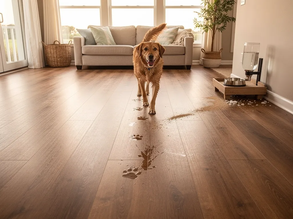 Close-up of luxury vinyl plank flooring in a living room