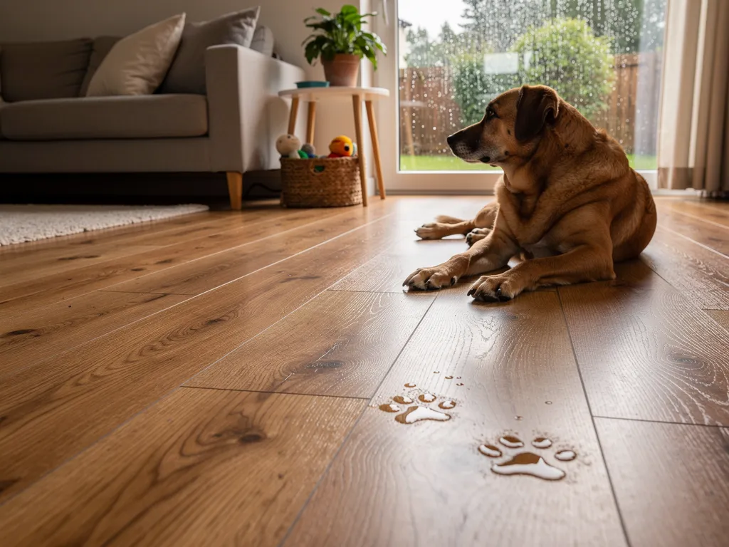 Wood-look laminate flooring sample in a bright room