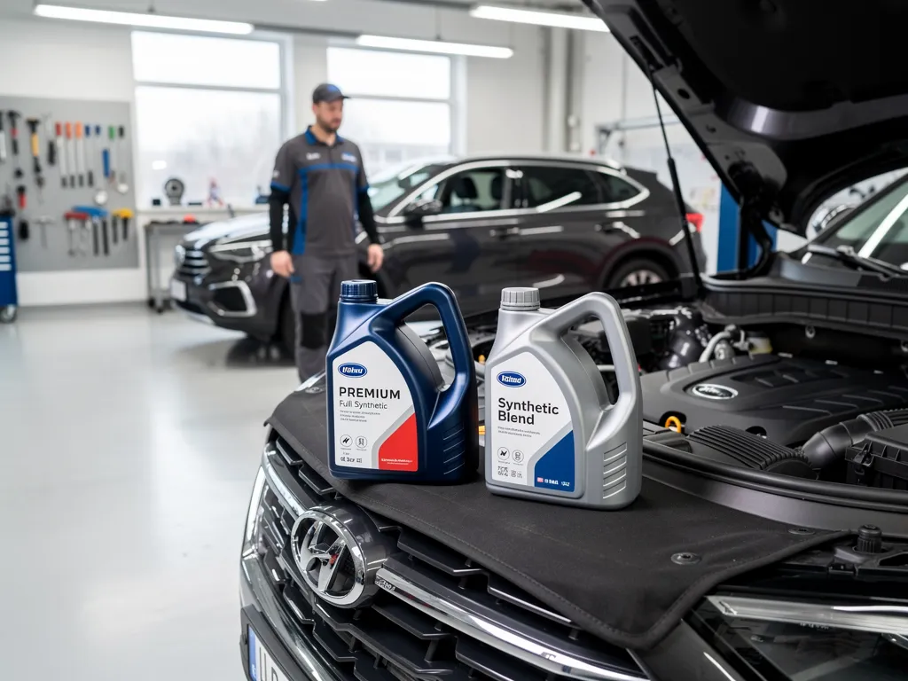 Full synthetic and synthetic blend oil bottles side by side on shop counter