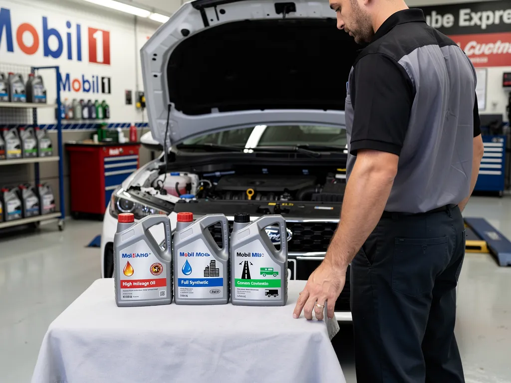 Technician comparing motor oil viscosity labels at service counter