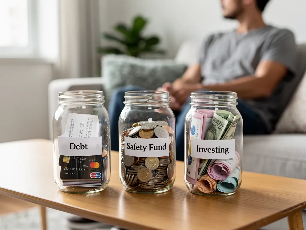 Budget breakdown showing debt payoff, emergency savings, and investing