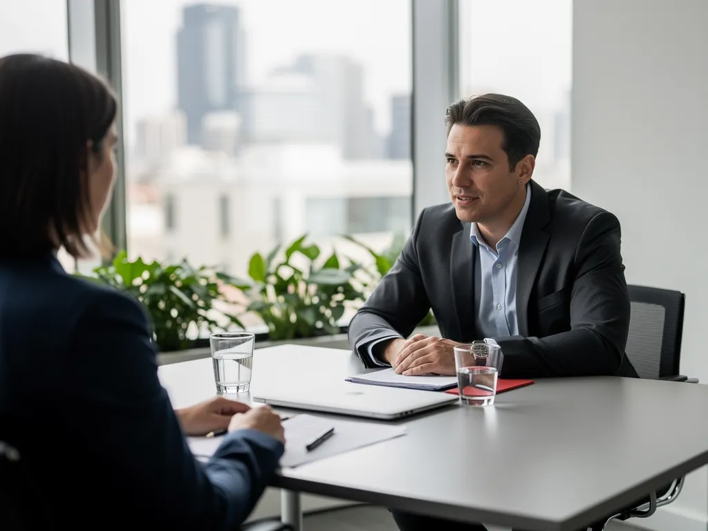 Two professionals in a calm, confident salary conversation