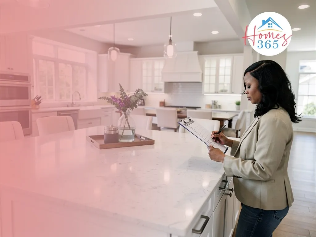Homeowner clearing kitchen countertop of clutter before a listing photoshoot