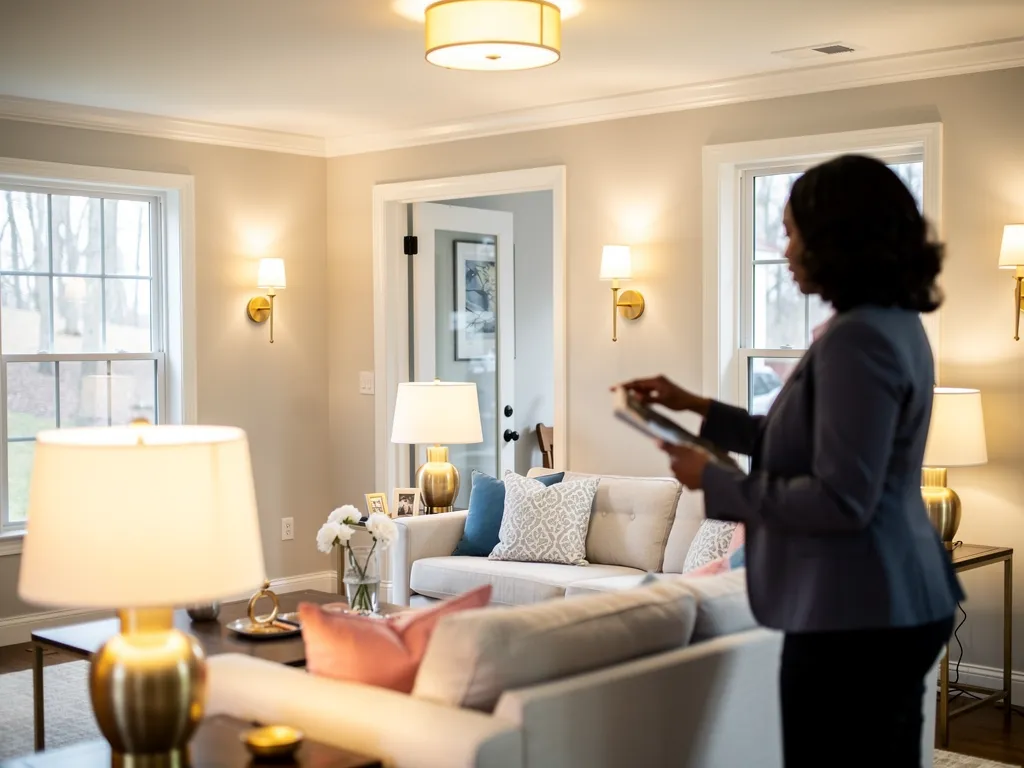 Warm natural light filling a staged room through open curtains
