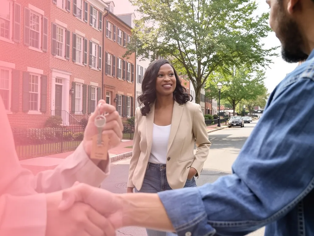 Happy new homeowners receiving keys in front of an Alexandria VA house