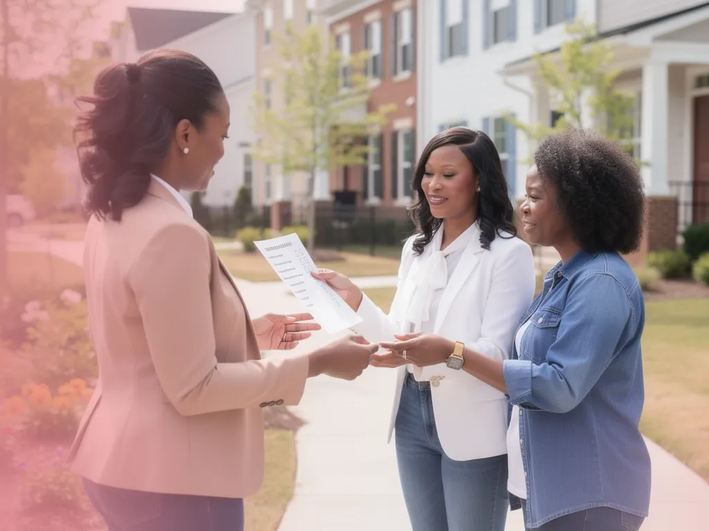 Real estate agent walking homebuyers through paperwork and keys
