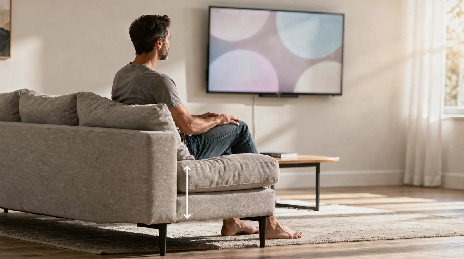 Sofa seat height affects the distance between your eyes and the TV center.; The ideal