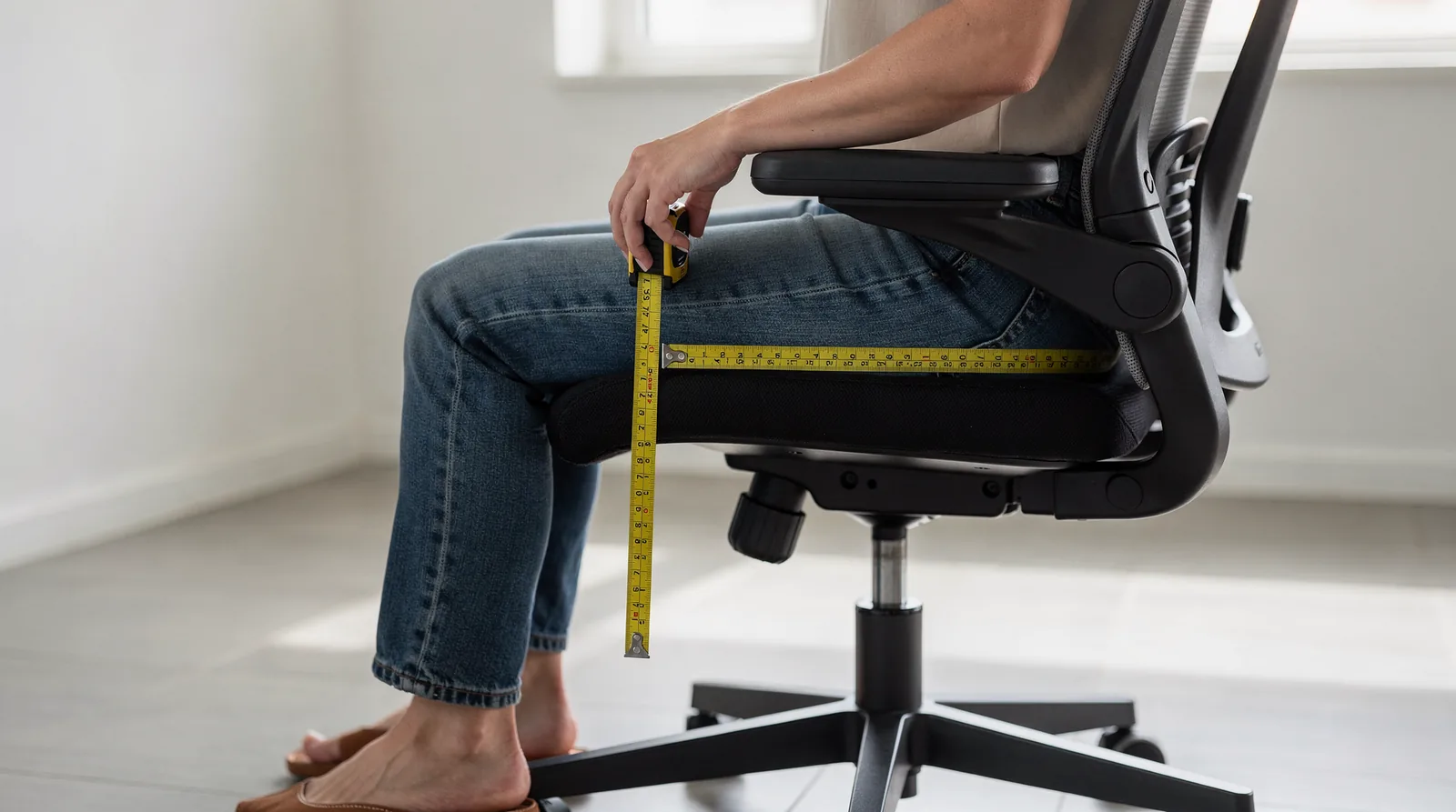 You should start your measurement at the front edge of the seat cushion and go