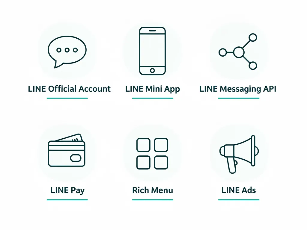 แผนภาพระบบนิเวศ LINE สำหรับธุรกิจ ครอบคลุม LINE OA, Mini App, Messaging API, LINE Pay