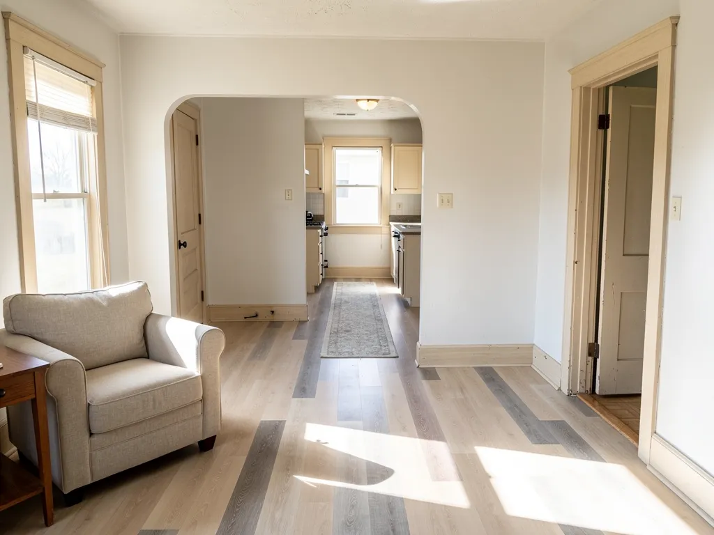 Bright living room with whitewashed oak plank flooring