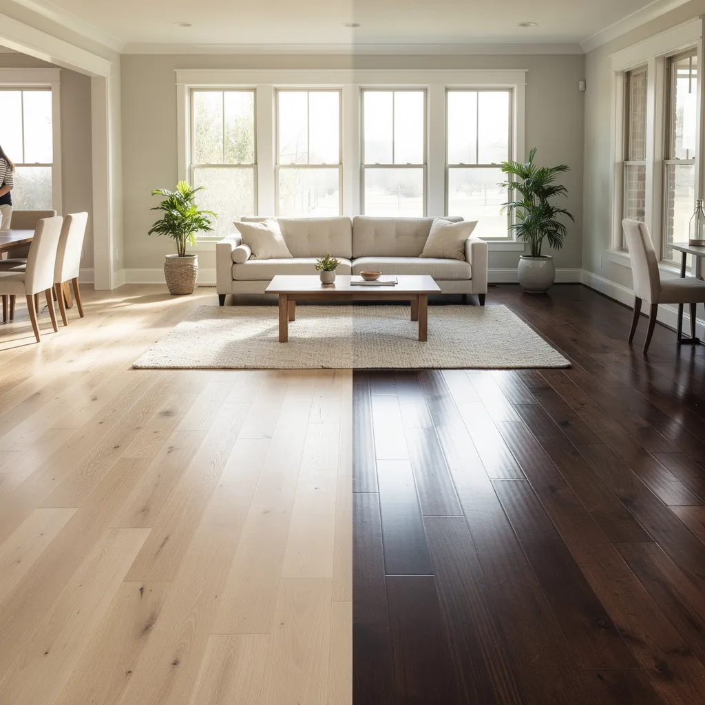 Light and dark hardwood flooring comparison in a bright home interior