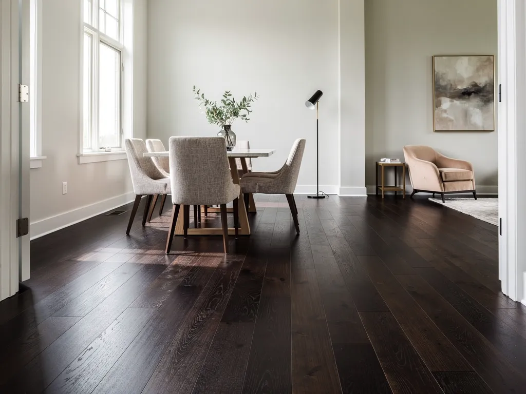 Elegant dining room with espresso walnut hardwood flooring