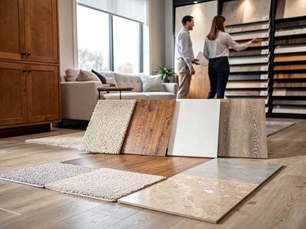 Flooring showroom displaying carpet, hardwood, and tile samples