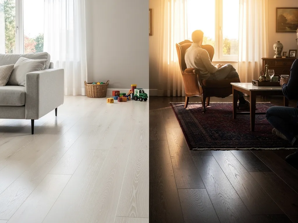 Homeowner comparing light and dark flooring samples in a room