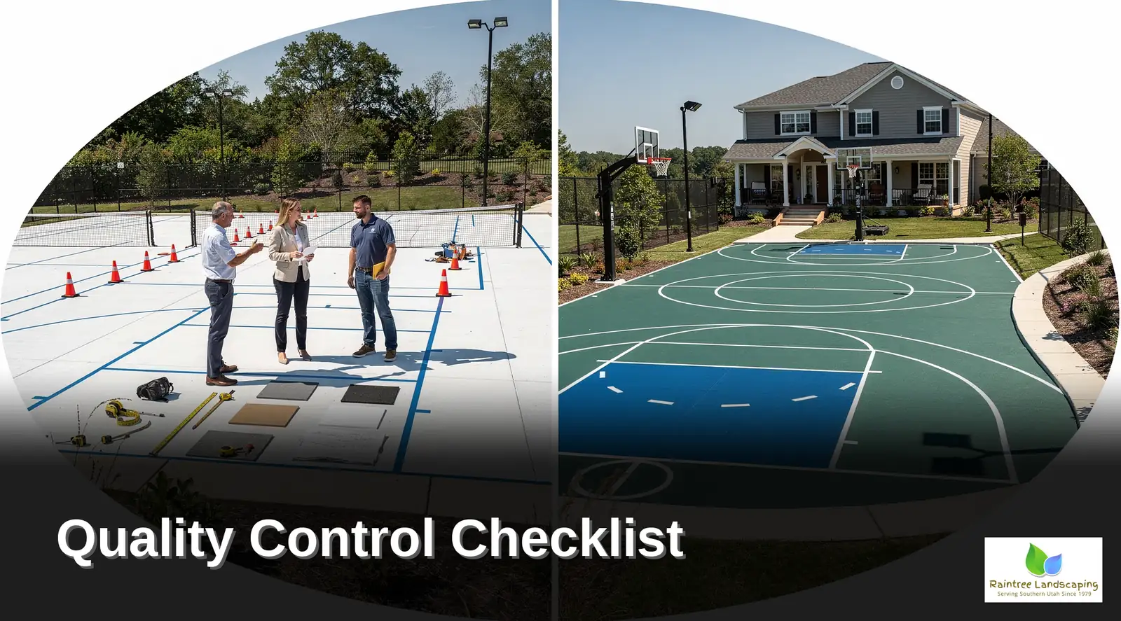 Supreme Custom Courts quality control inspection of new basketball court installation and grading with Raintree