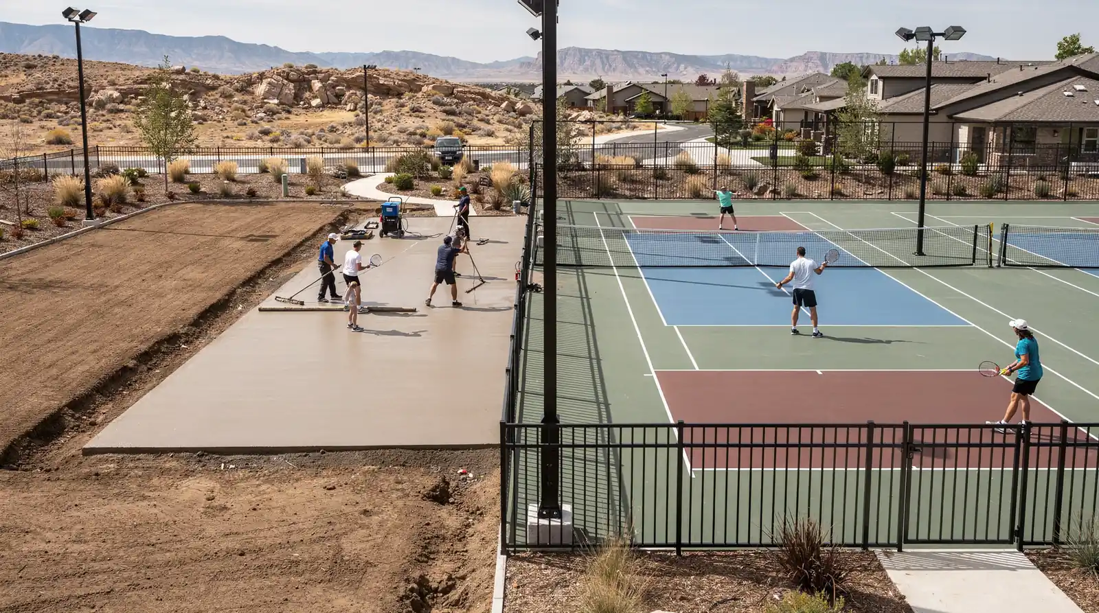 Custom sports court construction in progress and completed pickleball courts with professional lighting.