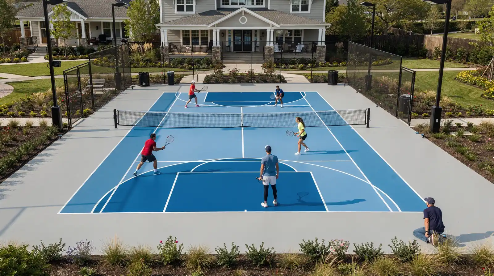 Custom tennis court with players and surrounding landscaping in Mapleton, Utah.