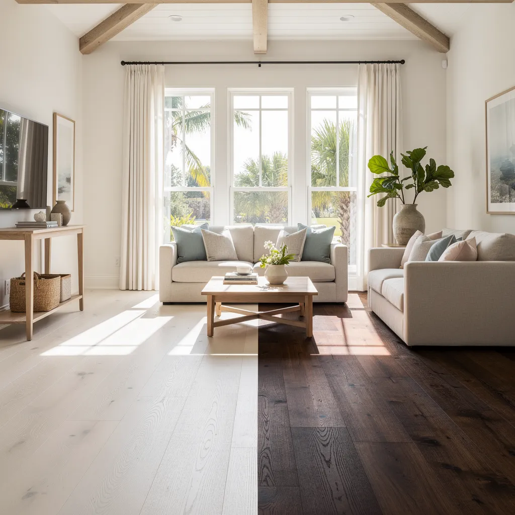 Bright living room with whitewashed oak flooring and natural light