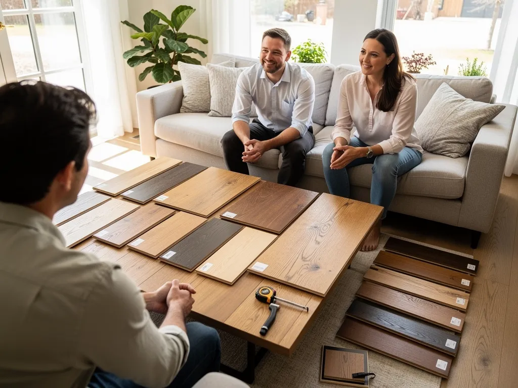 Flooring consultant showing sample planks in a homeowner's living room