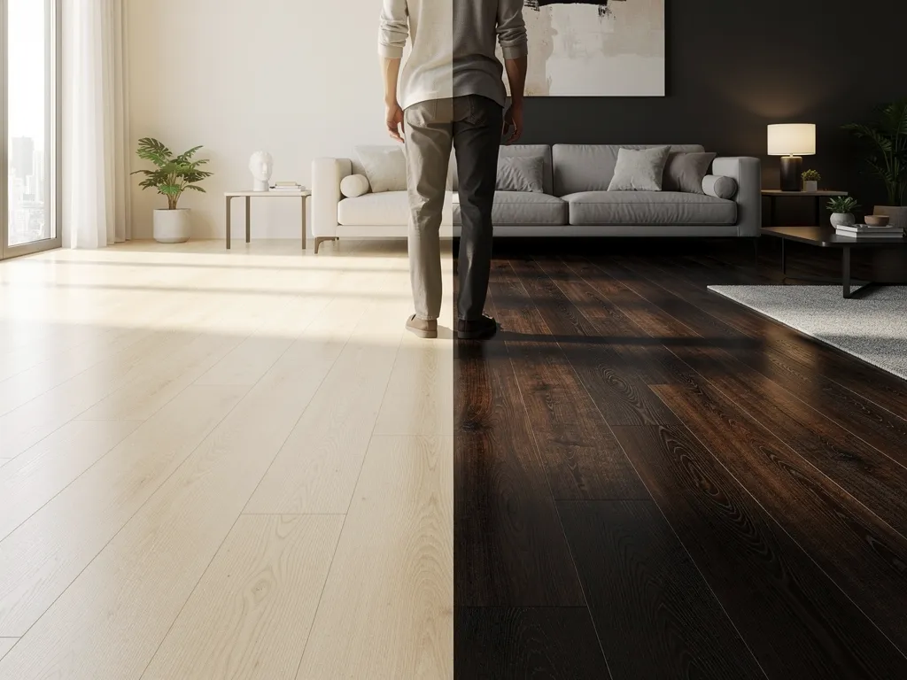 Side-by-side comparison of light and dark wood-look flooring planks
