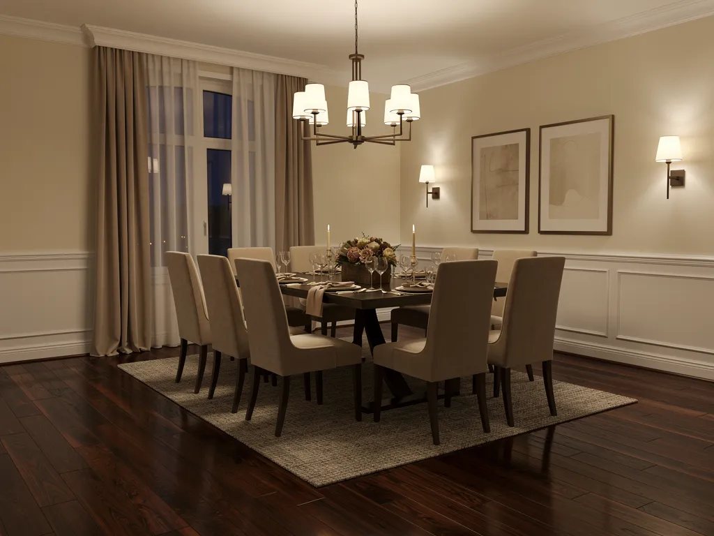 Dining room with dark walnut hardwood floor and white trim contrast