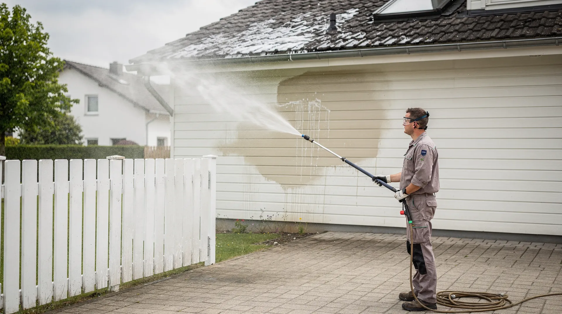 Soft washing is used for window cleaning, where a specialized solution emulsifies dirt and eliminates