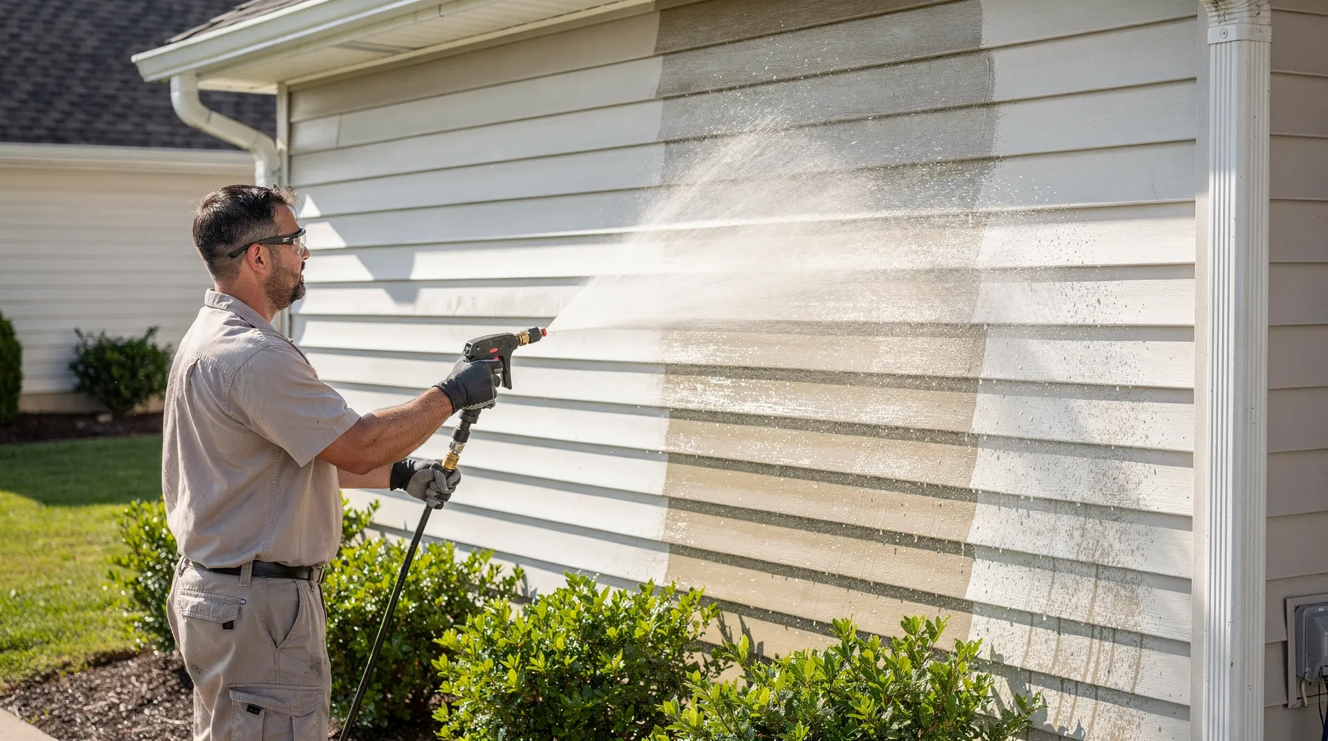 Soft washing sanitizes mold, mildew, algae, and other contaminants using specialized biodegradable cleaning agents.; Stains