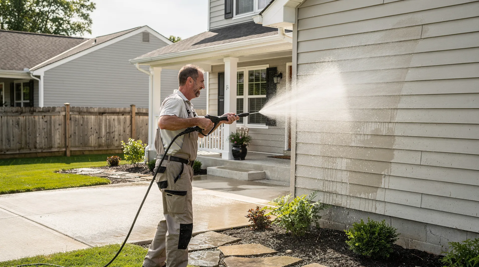 Professional house washing services can address siding, roofs, windows, patios, decks, fences, concrete, and gutters
