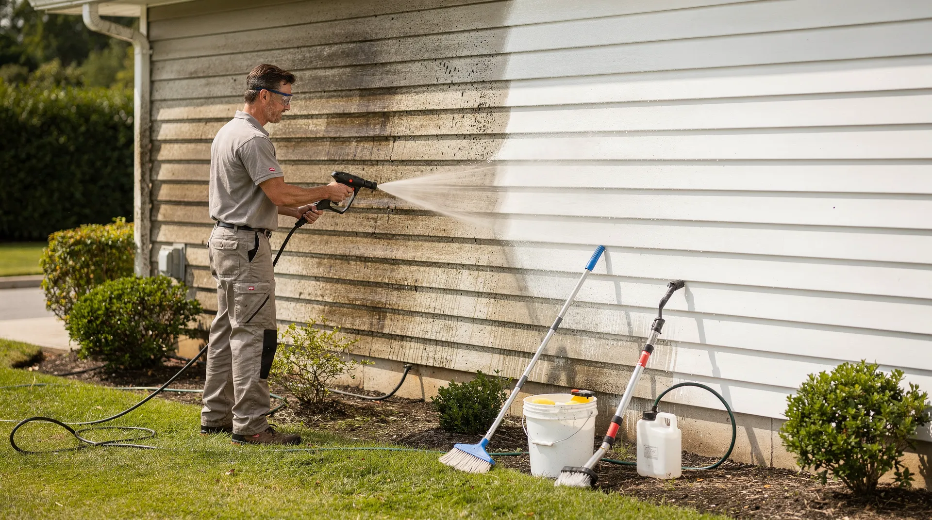Soft washing combines low-pressure water with biodegradable detergents to remove contaminants without damaging surfaces