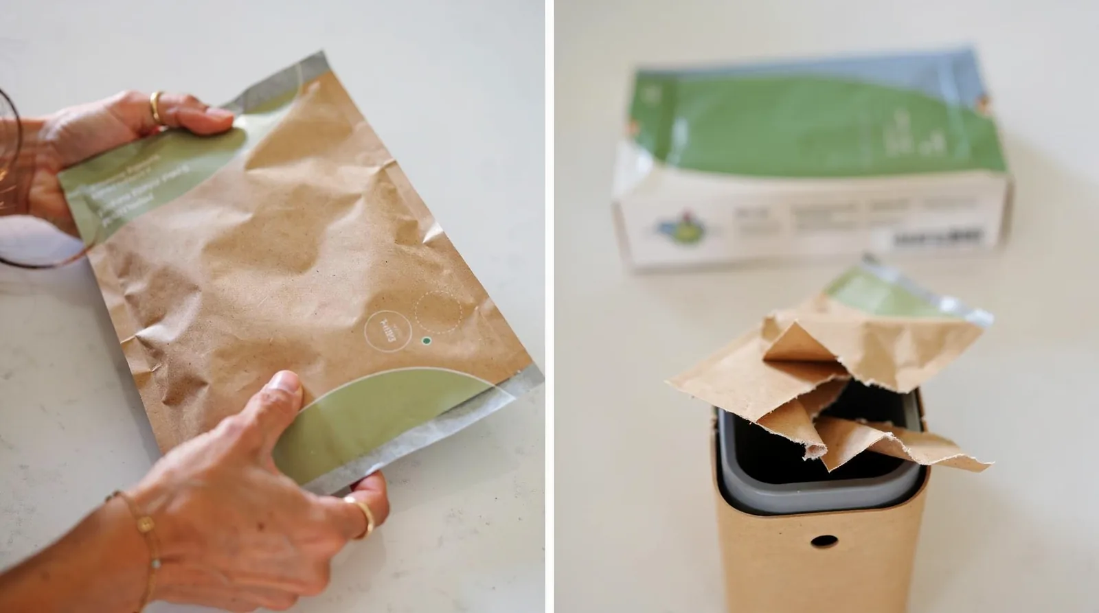 Step 1: Check the packaging certification—home compostable or industrial-only—to determine disposal method.; Step 2: Tear