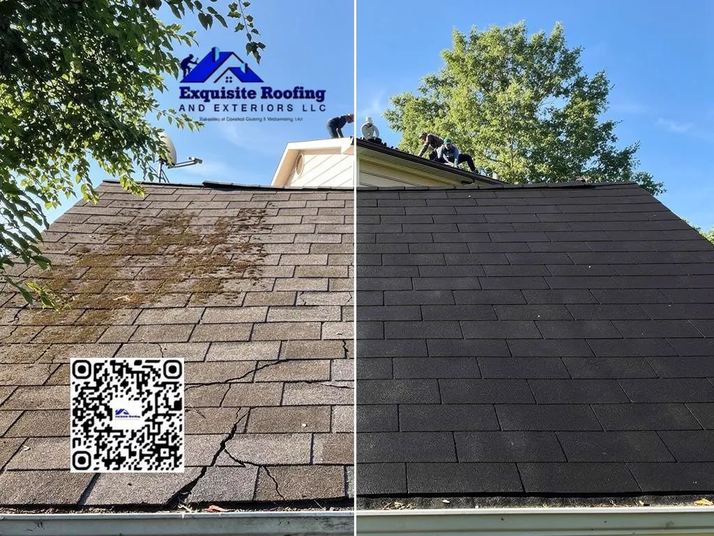 Exquisite Roofing and Exteriors: before and after roof cleaning showing moss removal and improved roof