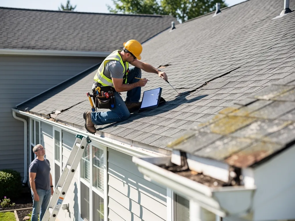 Roofer inspecting shingles and taking notes on tablet, preventing roof damage in Millersville Maryland.