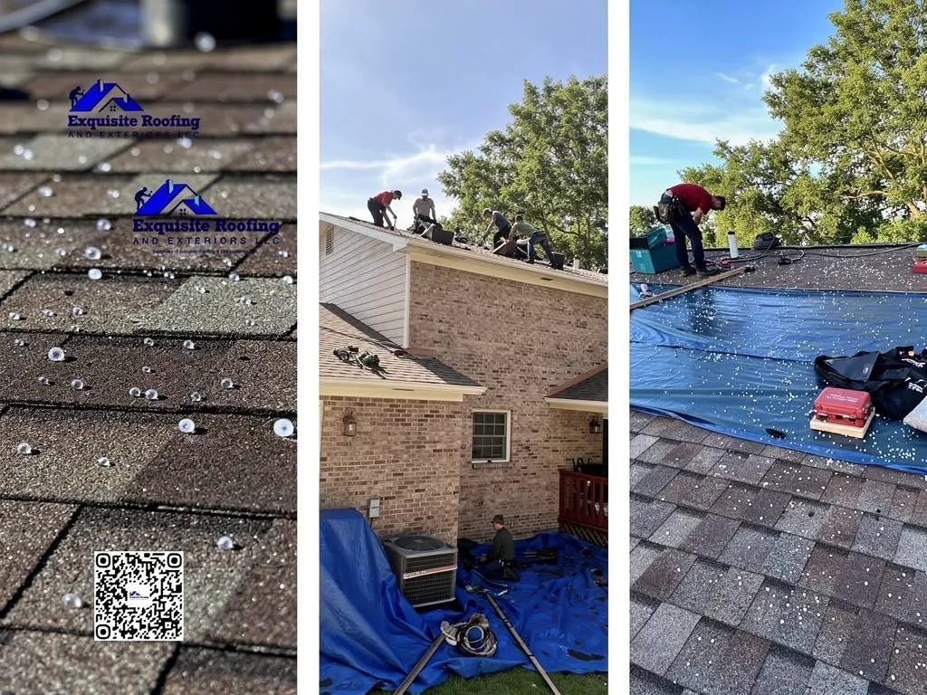 Exquisite Roofing and Exteriors LLC team repairing residential roof after hail damage.