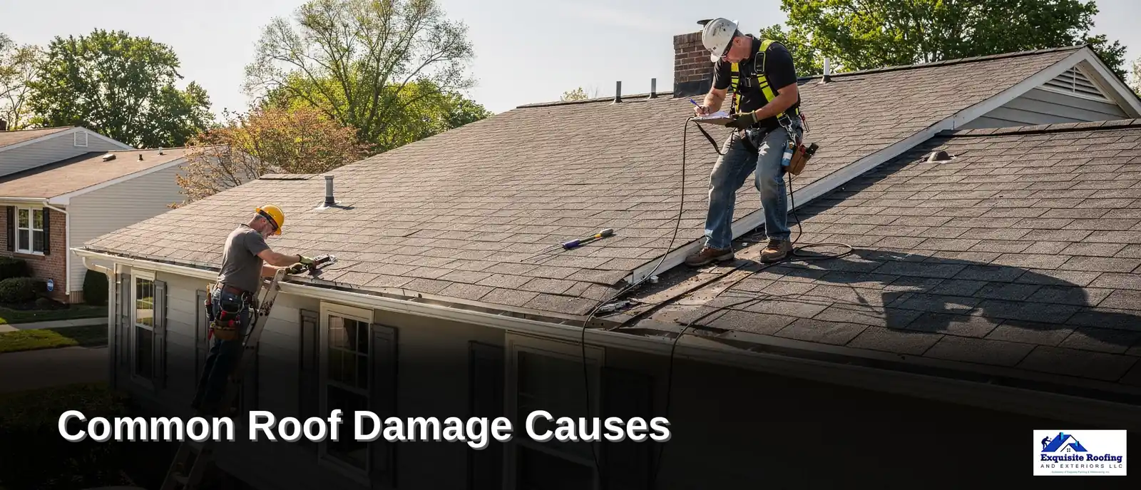 Roofing contractor inspecting shingles and assessing roof damage, preventing structural problems in Millersville, Maryland.