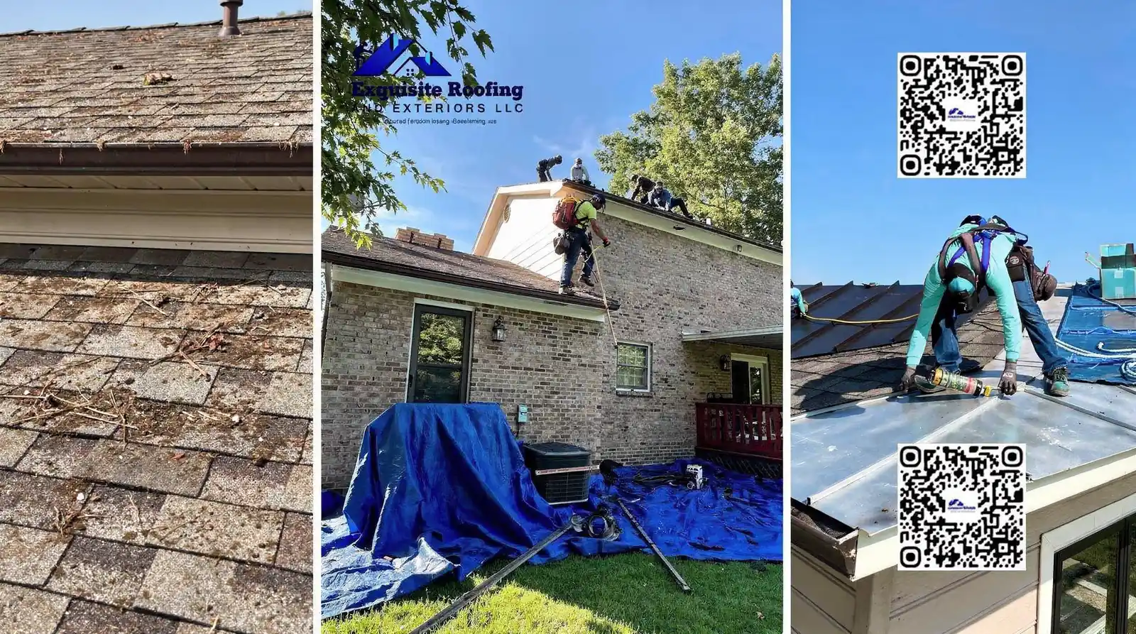 Exquisite Roofing & Exteriors team inspecting and repairing residential roof, showing shingle wear and tear,