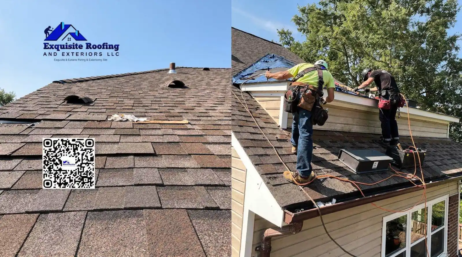 Exquisite Roofing & Exteriors team repairing shingle roof, demonstrating quality storm-damage repairs.