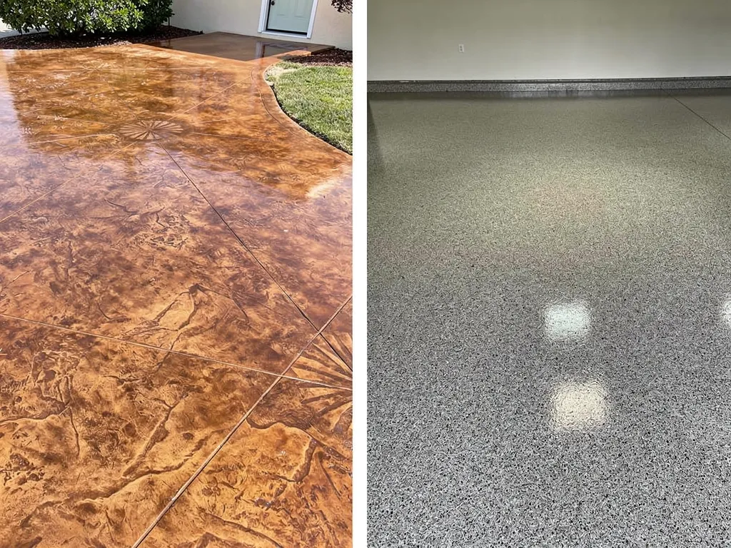 Decorative concrete pool deck with stamped texture alongside a smooth epoxy-coated garage floor