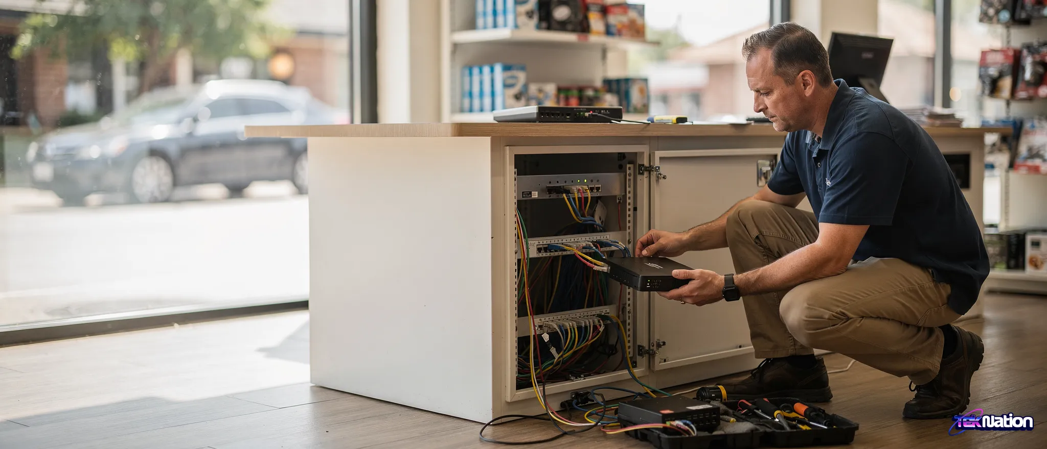 TekNation IT technician servicing network equipment in Douglasville, GA office.