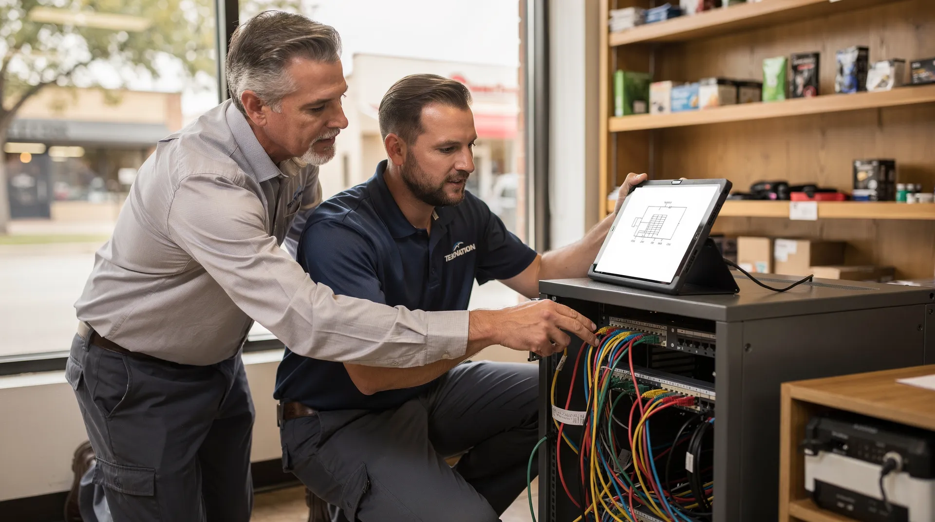 TekNation technician and client reviewing IT infrastructure and network setup.