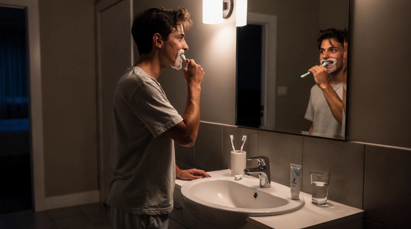 Brushing and flossing before bed clears away the plaque that builds up on teeth throughout