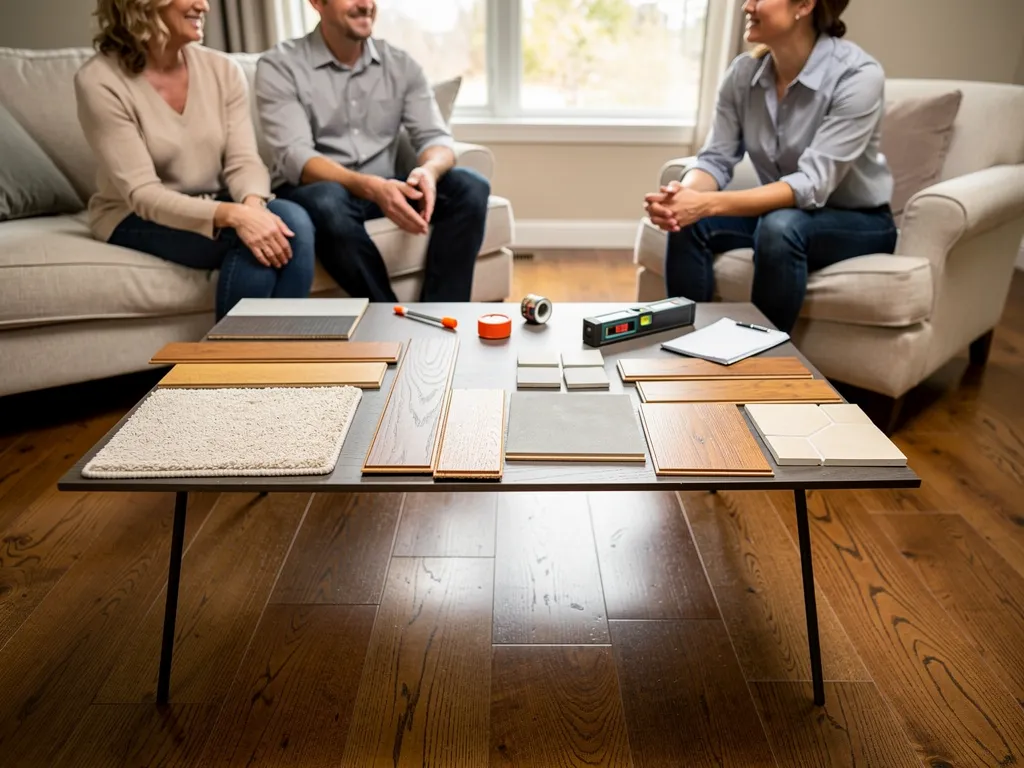 Homeowner comparing flooring swatches at their own pace with a relaxed consultant nearby
