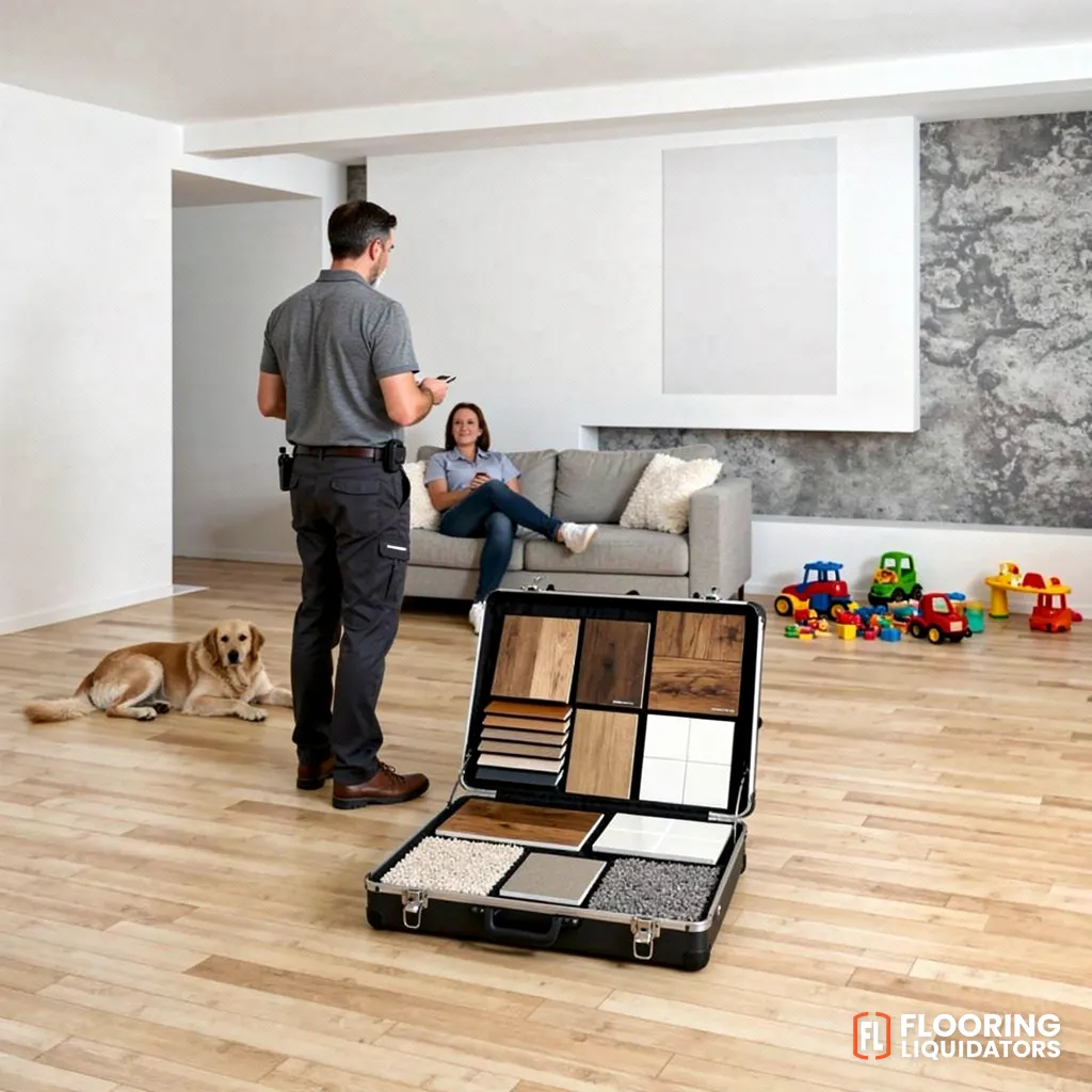 Flooring consultant showing sample planks to homeowners in their living room