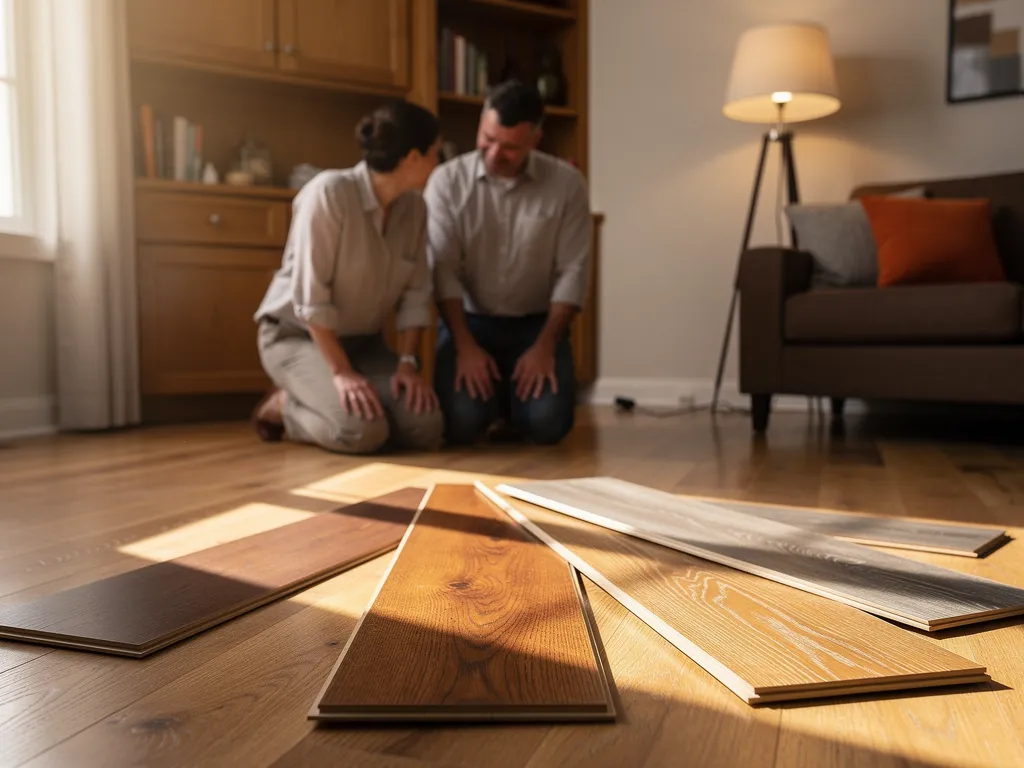 Wood flooring sample held against cabinetry in natural window light
