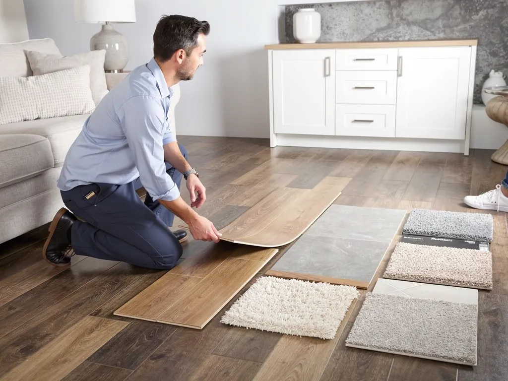 Flooring consultant presenting sample planks to a homeowner in their living room