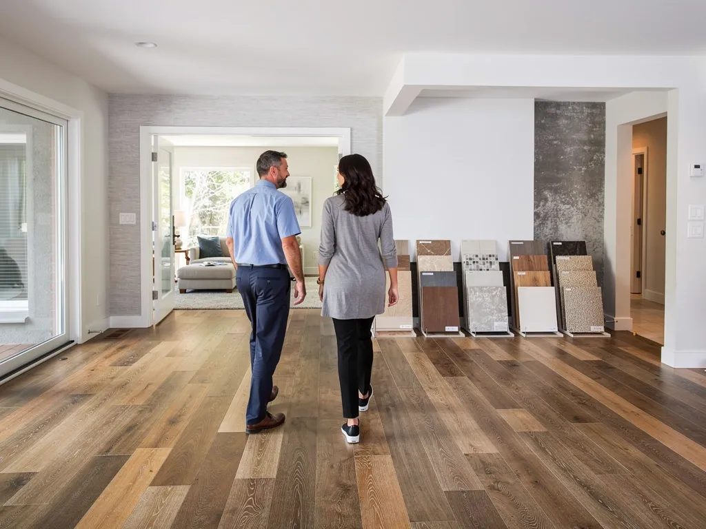 Flooring specialist pointing out details in a sunlit kitchen with a homeowner