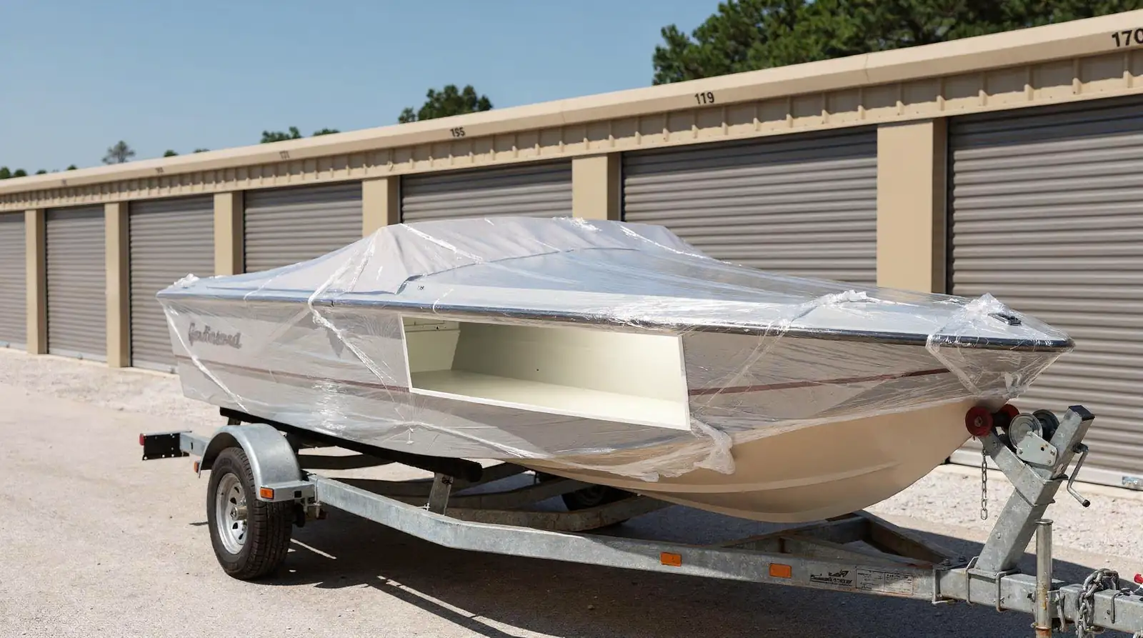 Shrink wrapping forms a weather-resistant seal around the hull that helps block moisture and debris
