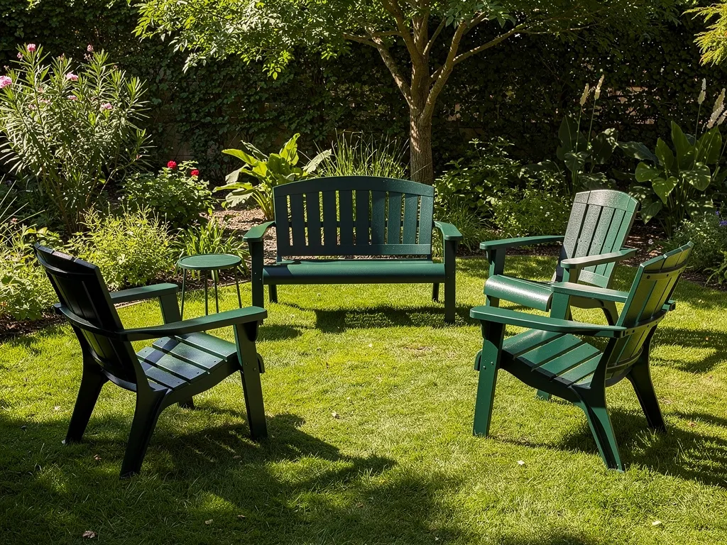Clean dark green poly outdoor furniture fully dried in a bright sunny backyard garden after