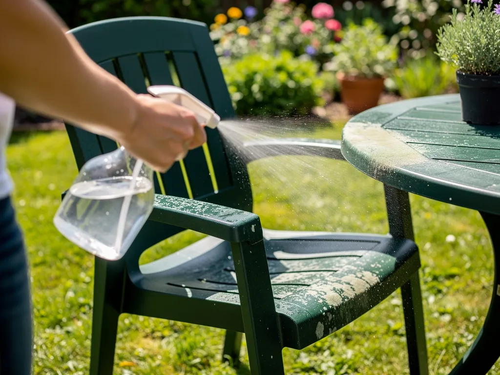 Homeowner spraying vinegar solution onto mildew-affected dark green poly outdoor furniture in a sunny backyard