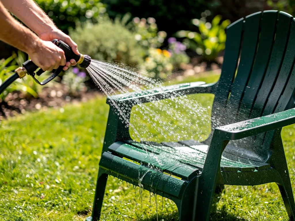Homeowner rinsing dark green poly outdoor furniture with a garden hose in a bright sunny